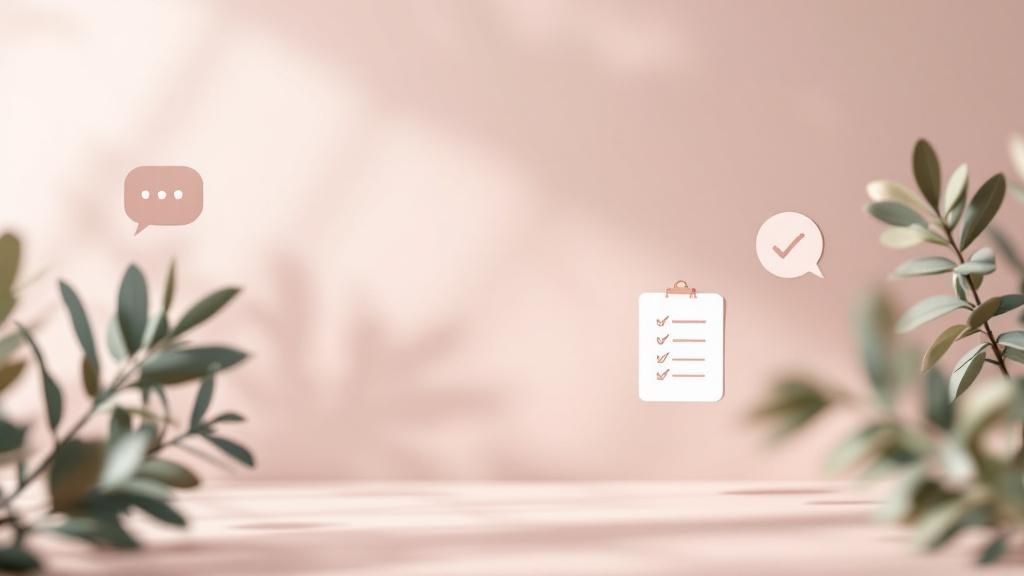 Minimalist background with checklist and communication icons surrounded by green leaves