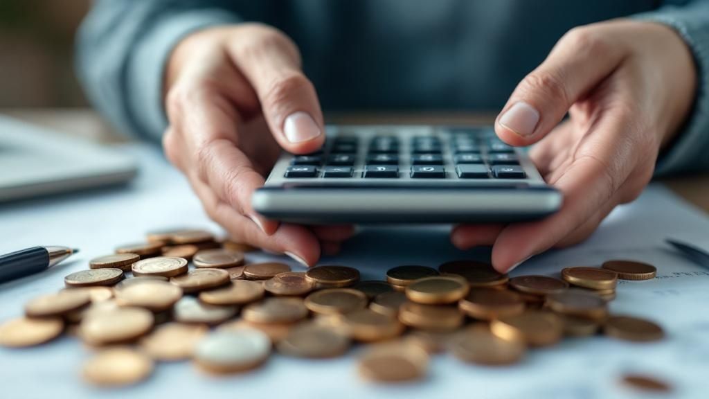 Close-up of hands using a calculator with scattered coins, representing financial planning for superannuation