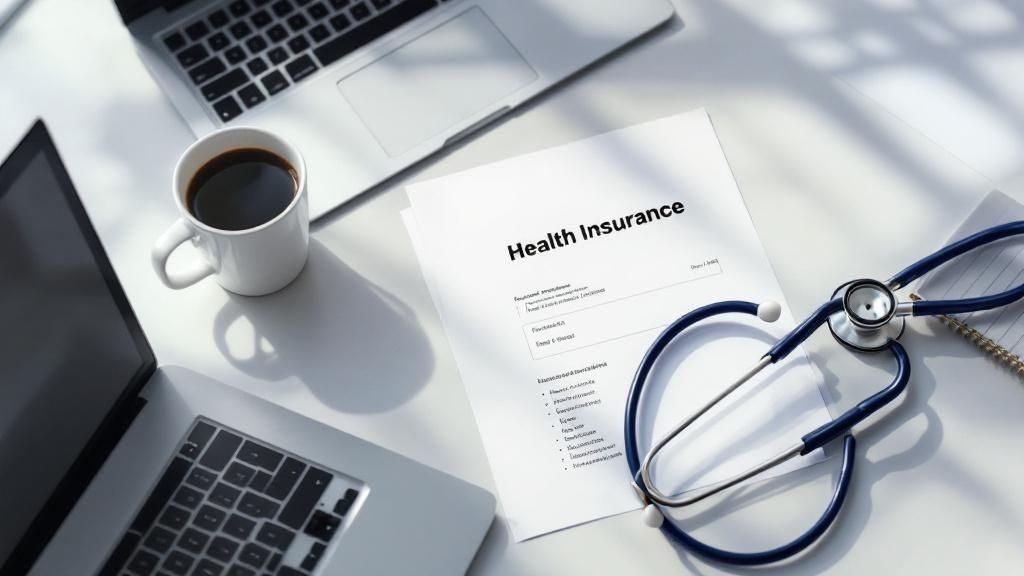 Desk with laptops, coffee mug, health insurance form, and stethoscope — representing deductible business and medical expenses