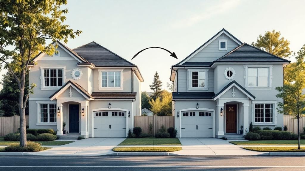 Two similar suburban houses side by side, with an arrow pointing from the left house to the right, symbolising property upgrades, renovations, or ownership change in the context of real estate investment.