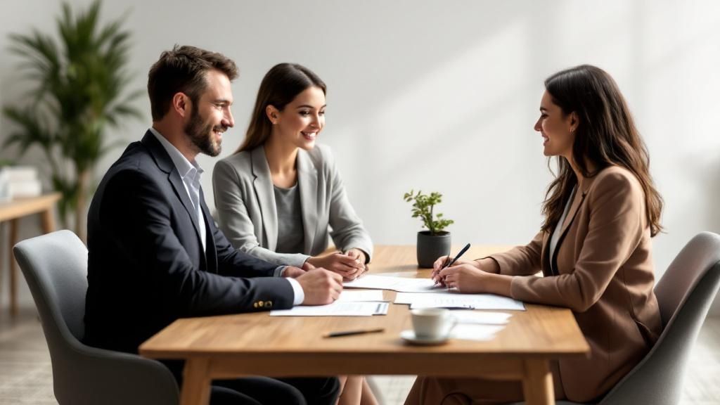 Business meeting between a couple and a financial advisor discussing property trust purchase