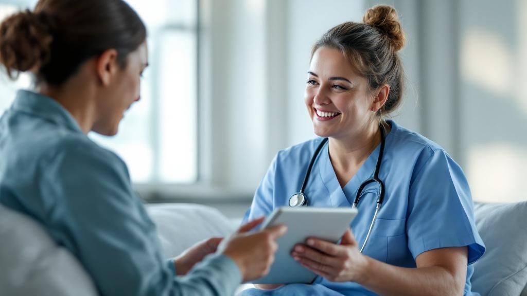 Smiling nurse discussing with a patient using a digital tablet in a medical consultation setting.
