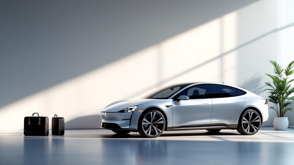 Electric car parked indoors with travel luggage under natural sunlight