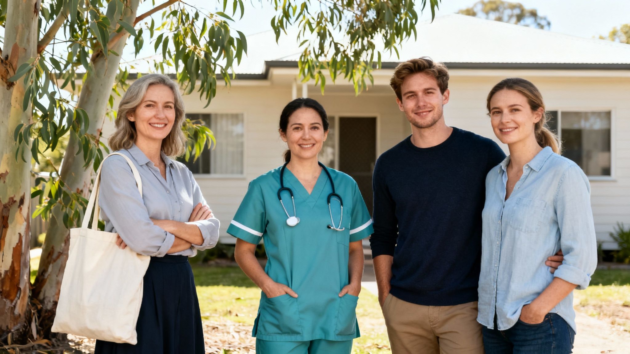 Four smiling people, including a healthcare professional, standing in front of a house.