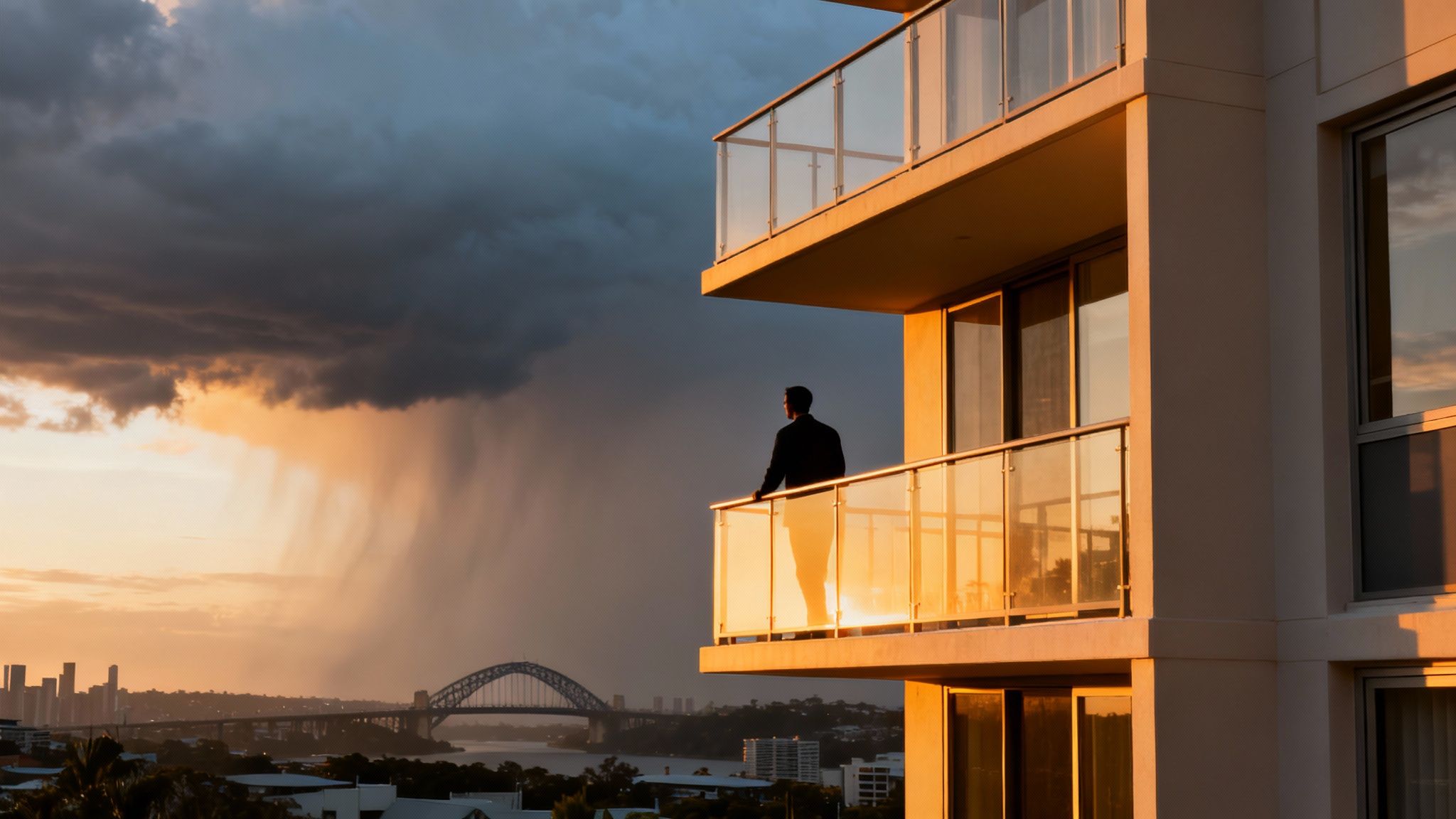 발코니에 서서 노을 지는 하늘과 비 내리는 도시 풍경, 그리고 다리를 바라보는 남자의 모습.