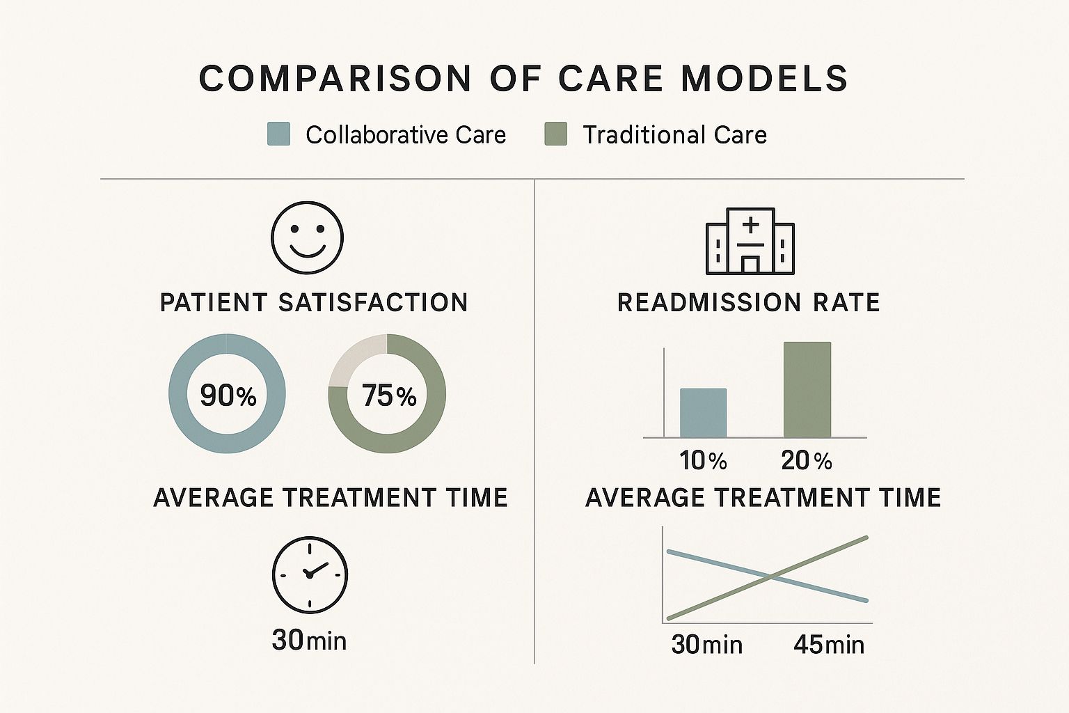 Infographic comparing collaborative care and traditional care models by patient satisfaction, readmission rate, and average treatment time