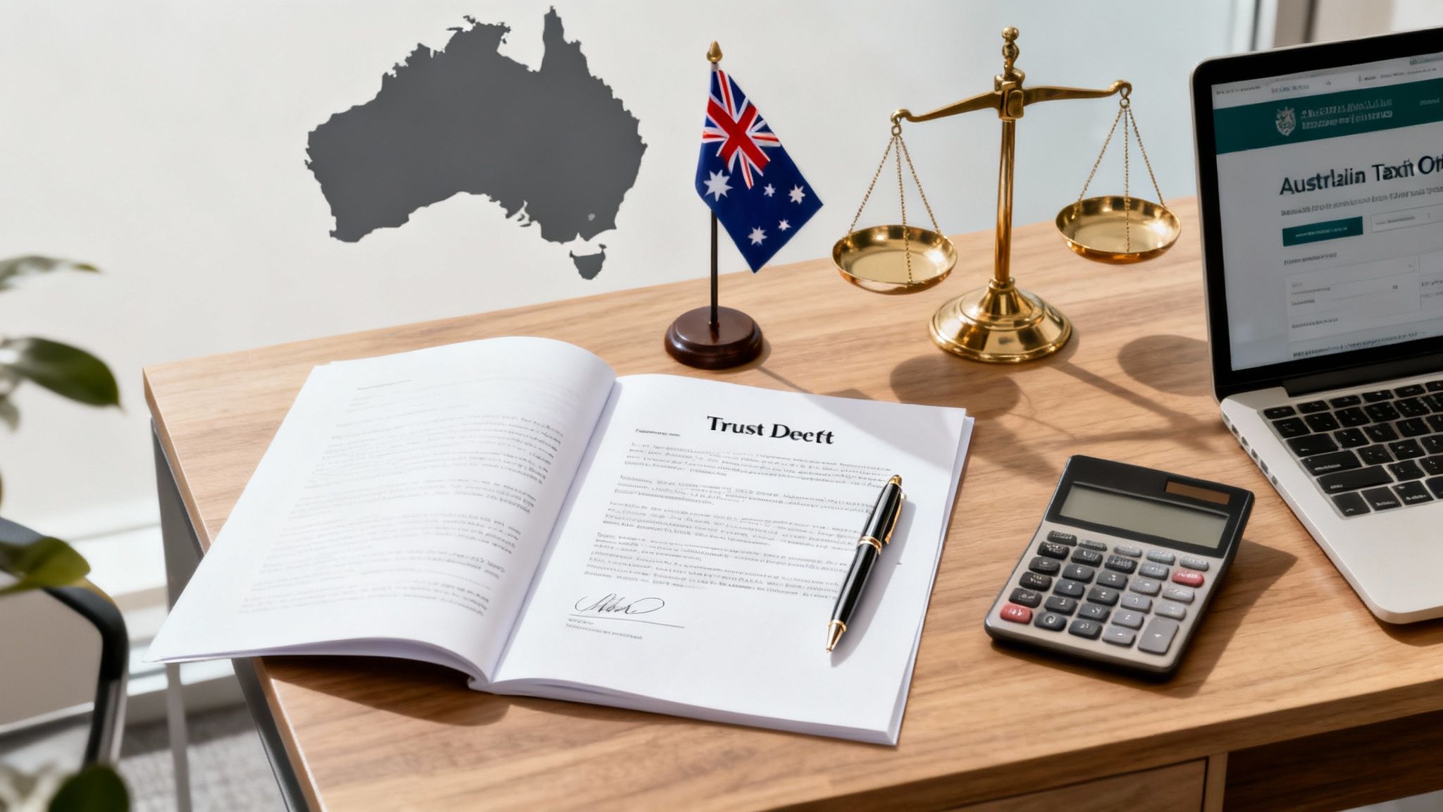 Professional desk setup illustrating how to set up a trust in Australia, featuring a trust deed document, calculator, and legal symbols representing Australian trust structures and tax planning.