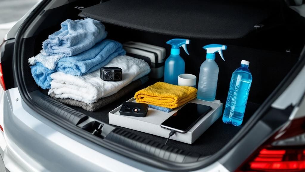 Car boot neatly packed with cleaning supplies, towels, spray bottles, and a smartphone — essentials for a professional rideshare driver.