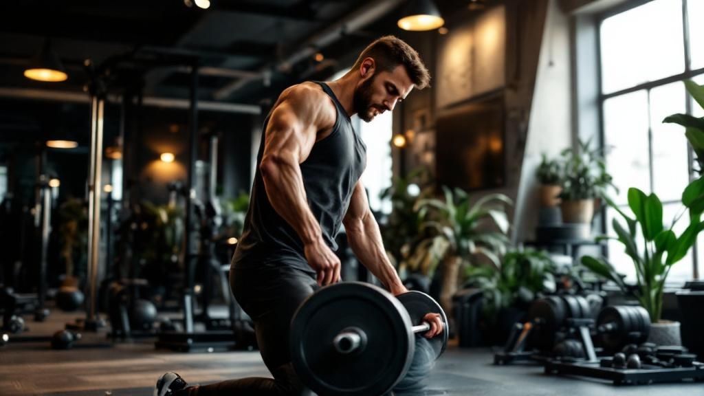 Muscular man in tank top preparing to lift barbell in a modern gym