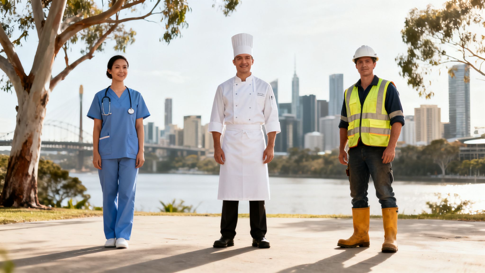 간호사, 요리사, 건설 노동자 등 다양한 직업의 사람들이 제복을 입고 도시를 배경으로 서 있는 모습