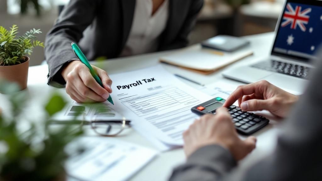 Business professionals calculating payroll tax with documents, calculator, and Australian flag in the background