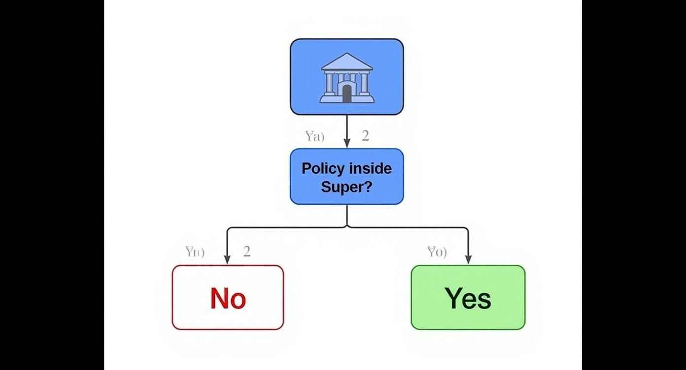 Flowchart illustrating a financial policy decision tree for 'Policy inside Super?', leading to 'No' or 'Yes' outcomes.