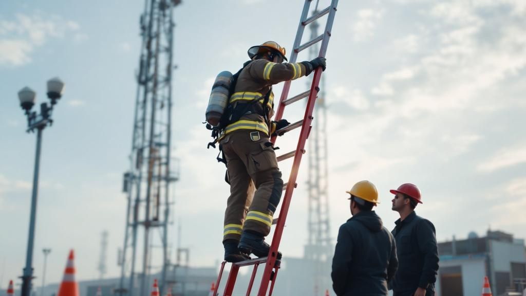 Firefighter climbing a ladder during a training exercise while two workers observe