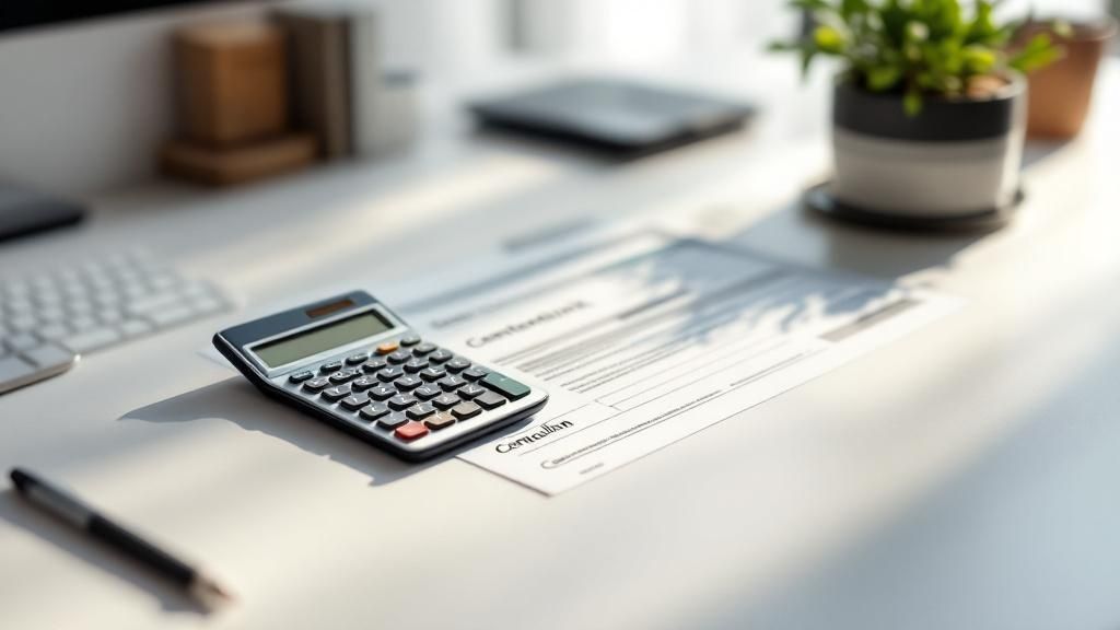 Calculator and Centrelink form on a desk with financial charts.