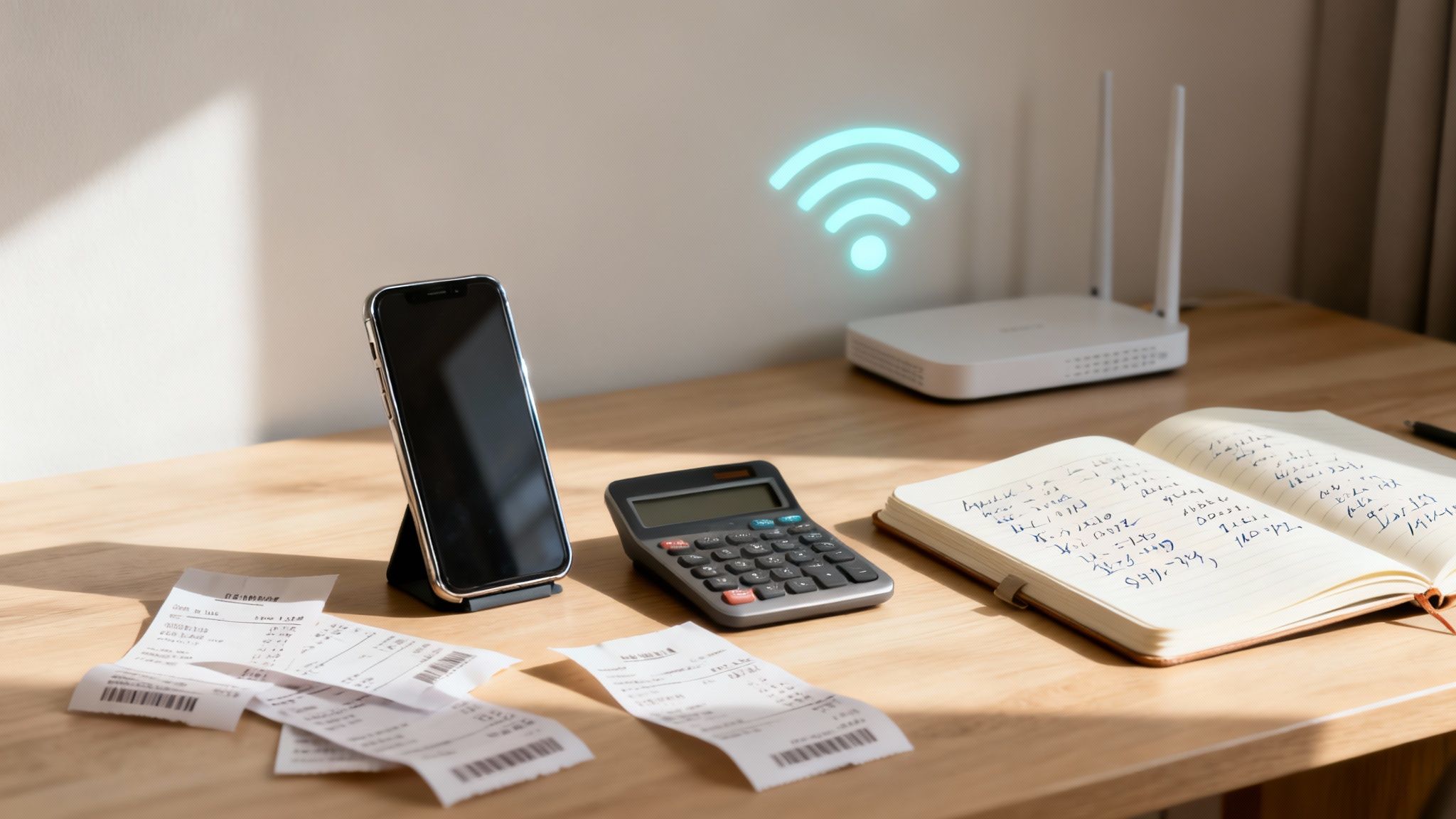 Desk setup with mobile phone, calculator and router illustrating how to claim mobile phone, internet and device deductions for work-related expenses in Australia.