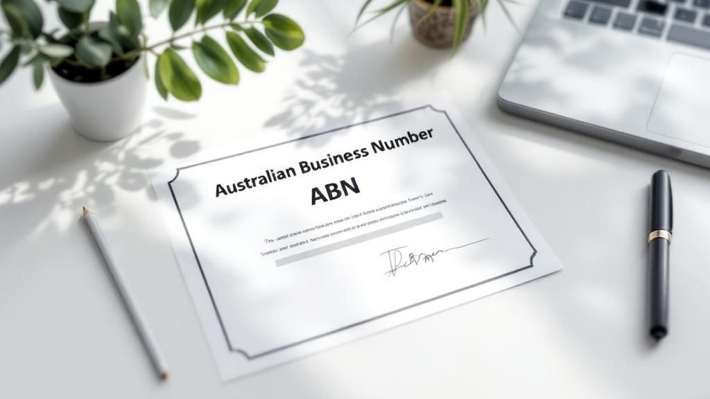 Australian Business Number (ABN) certificate on a desk with a laptop, pen, and plant – essential for business tax return compliance in Australia.