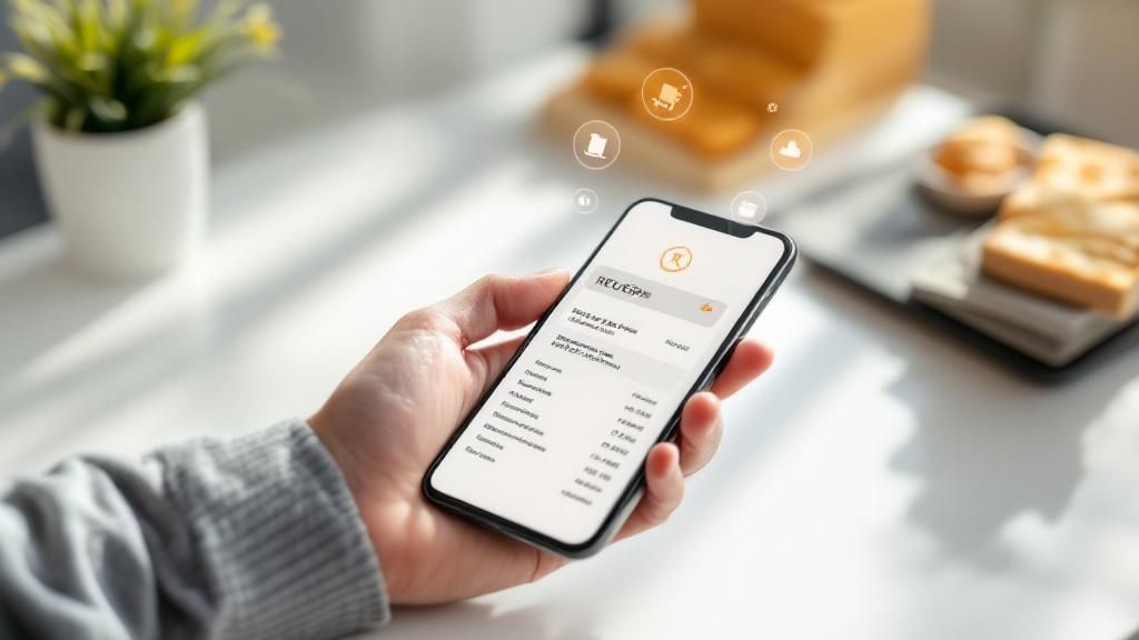 Hand holding a smartphone displaying expense tracking app with financial icons floating above