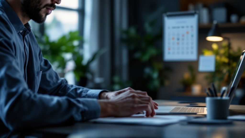 Man working late on a laptop at a dimly lit desk, researching or handling tax-related documents.