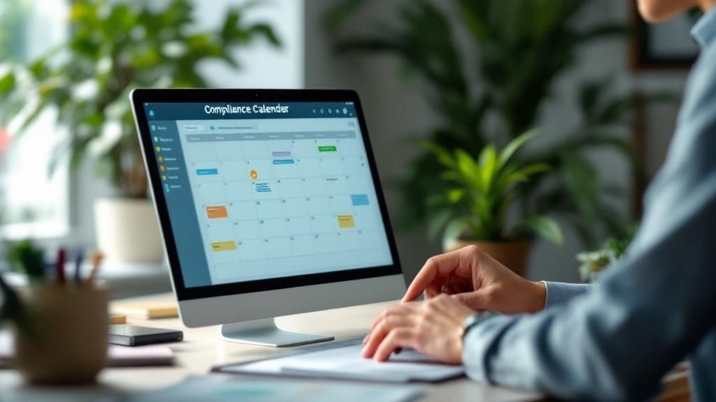 Person checking compliance calendar on desktop monitor for ASIC registration planning