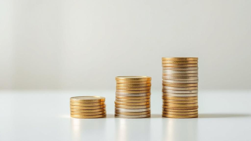 Three stacks of coins in increasing height symbolizing investment growth