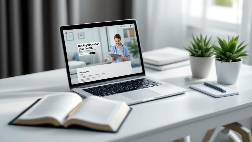 Open laptop displaying an online nursing education course on a desk with books and stationery