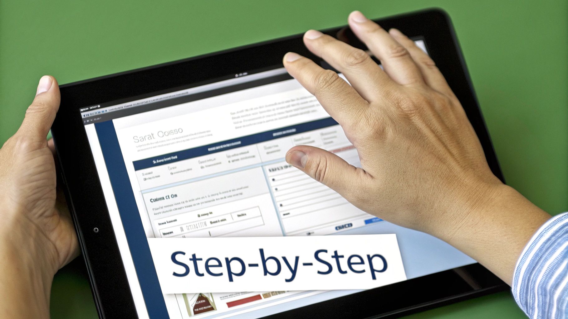A person using a tablet to view a tax calculator or form interface with the words 'Step-by-Step' overlaid, indicating a guided tax process.