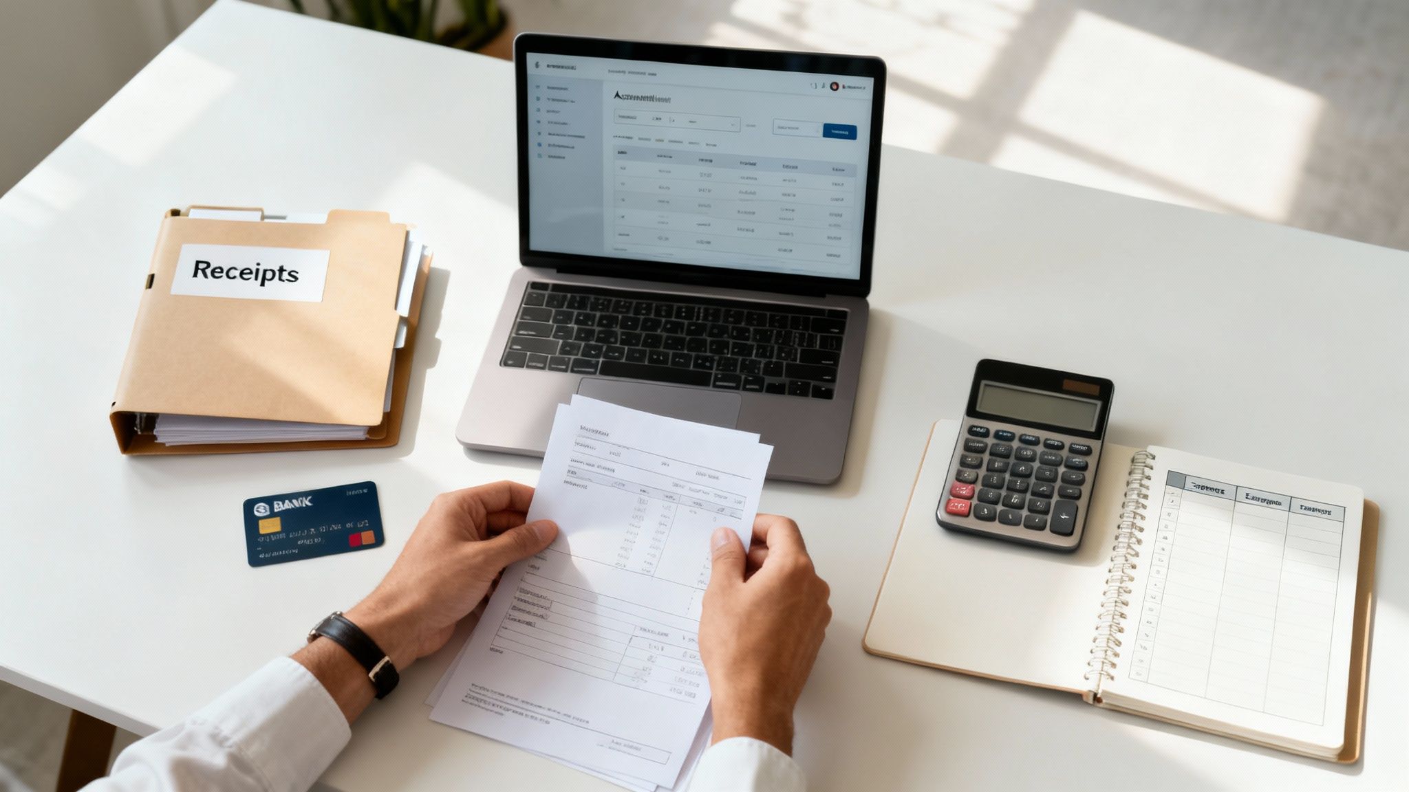 A person organizing receipts and financial documents on a desk with a laptop and calculator.