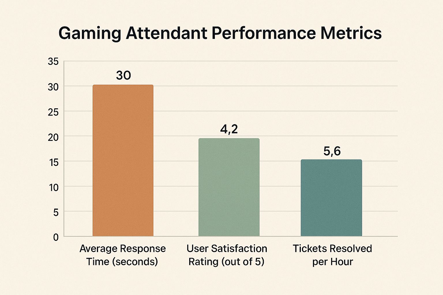 Bar chart showing gaming attendant performance metrics including response time, satisfaction rating, and tickets resolved