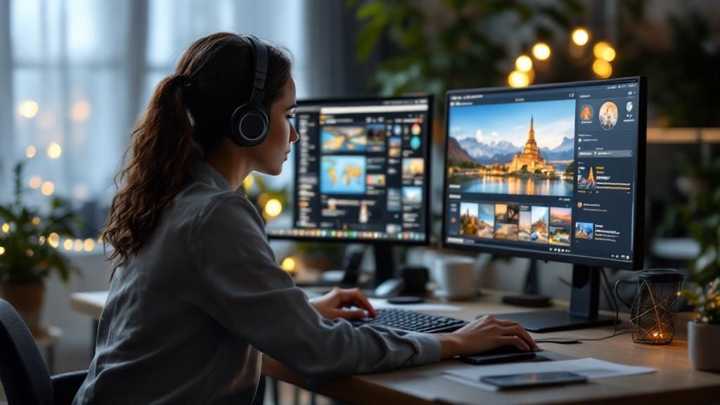 Female travel agency employee working on dual monitors, browsing travel destinations and booking systems.