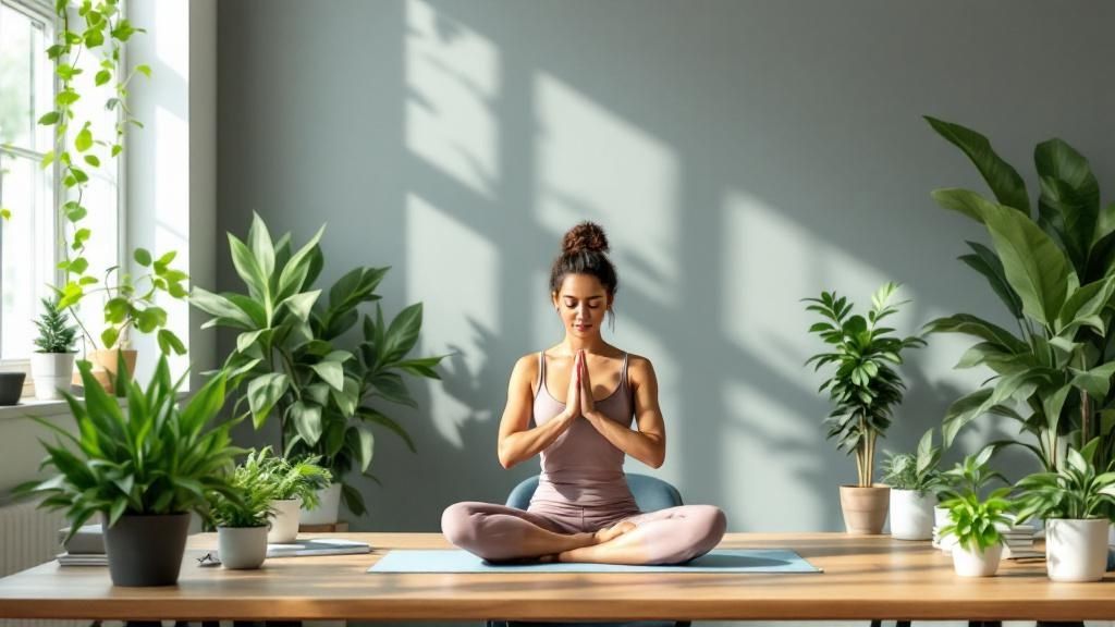 Young woman meditating in a bright indoor space, symbolizing wellbeing and salary sacrifice benefits
