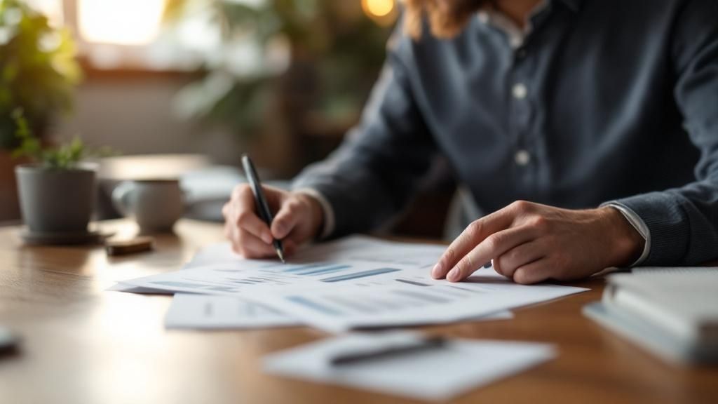 Close-up of a person reviewing and marking financial documents on a wooden desk