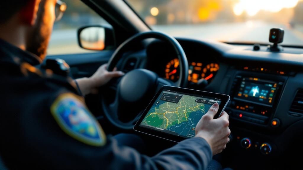 Police officer driving while viewing a digital map on a tablet mounted in a patrol vehicle.