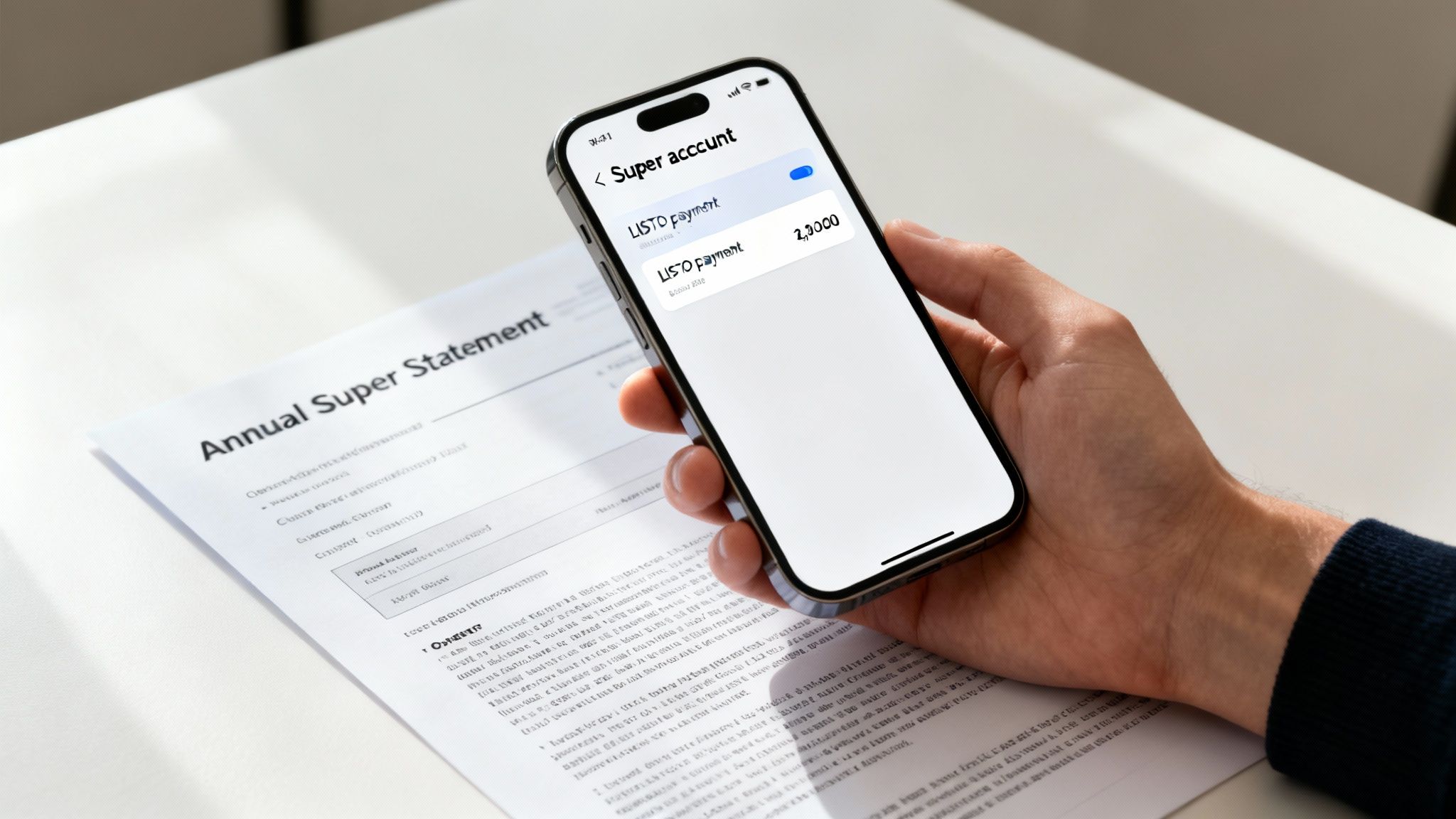 A hand holds a smartphone displaying a financial app for a Super account, next to an Annual Super Statement.
