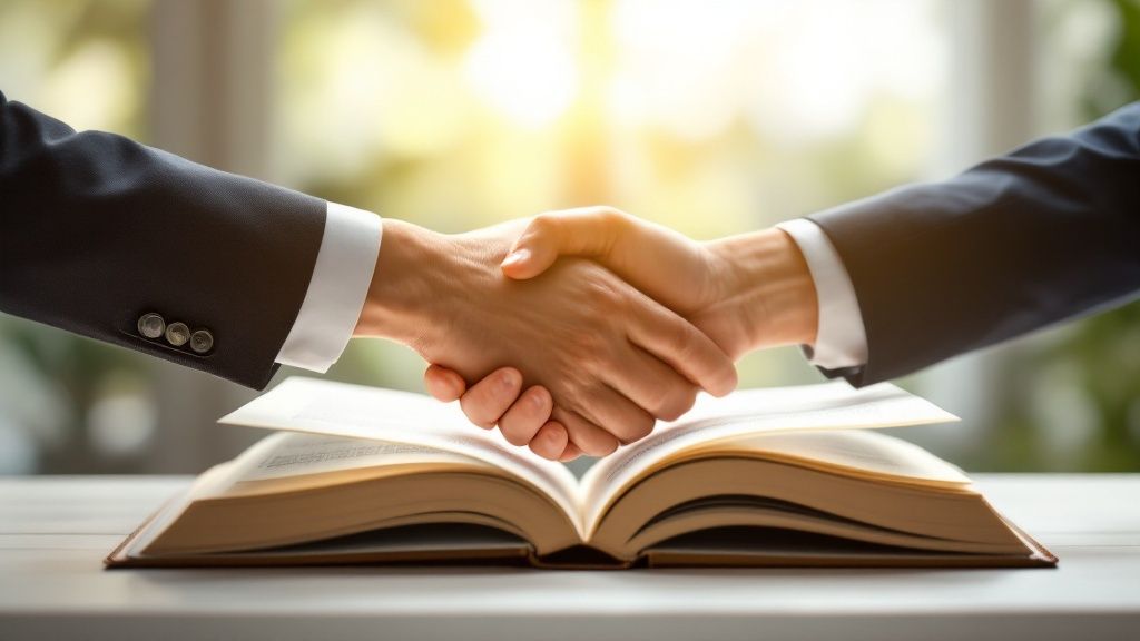 Two business professionals shaking hands over an open book, symbolizing agreement and knowledge