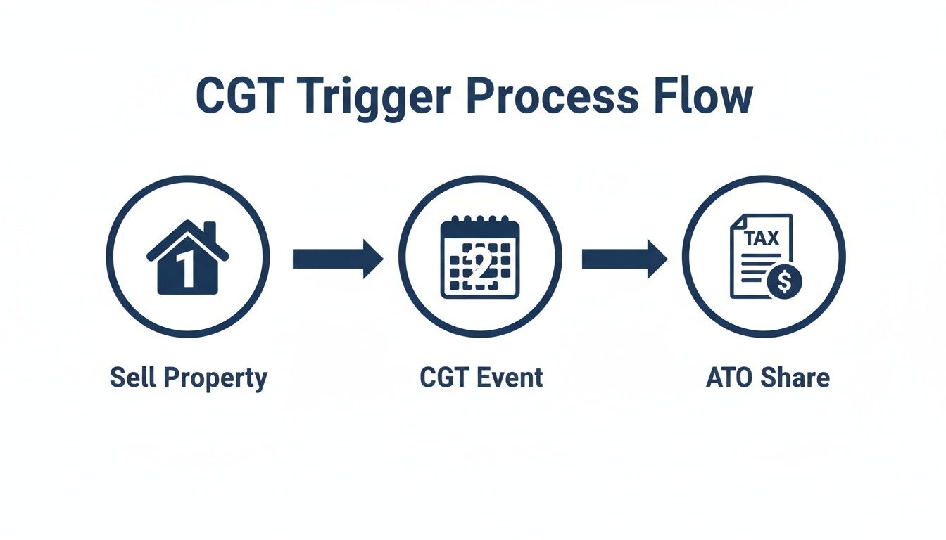 Flowchart illustrating the Capital Gains Tax (CGT) trigger process: sell property, CGT event, ATO share.