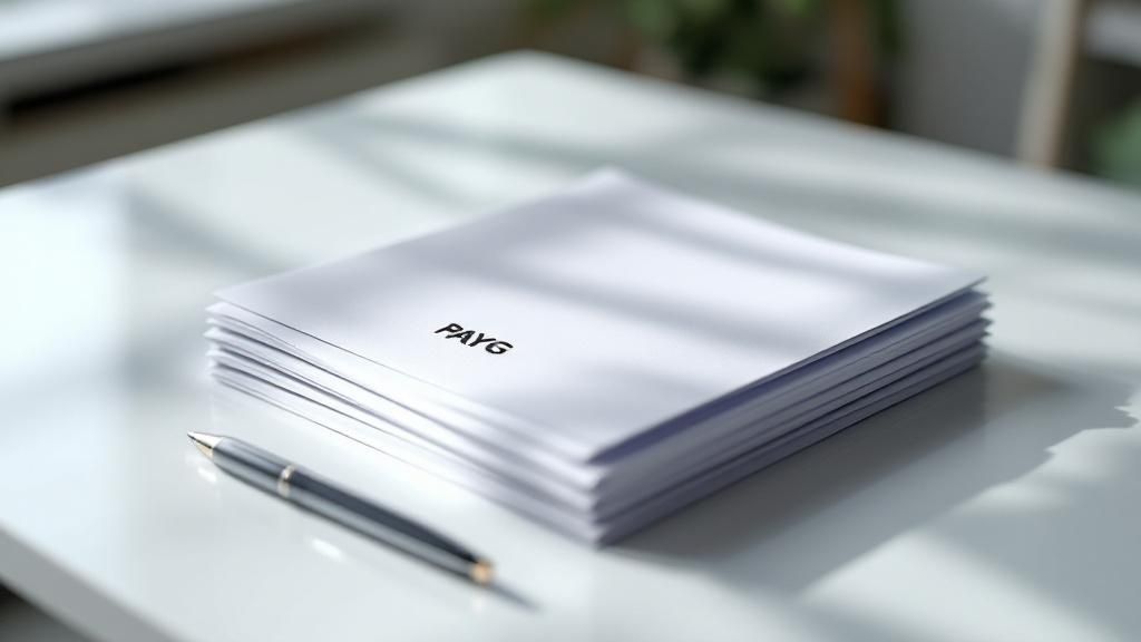 Stack of PAYG documents and a pen on a white desk in natural light