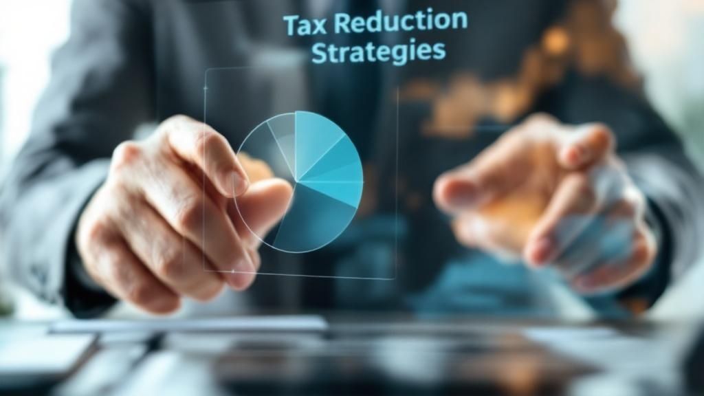 Businessperson interacting with a virtual pie chart and the text 'Tax Reduction Strategies' displayed in augmented reality