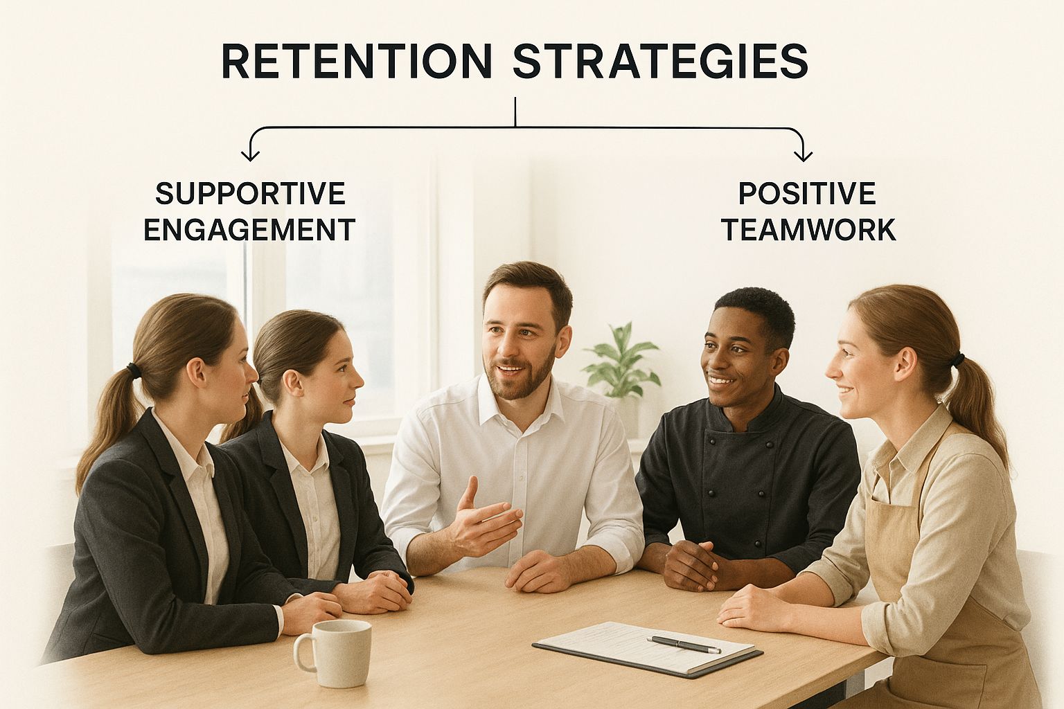 Hospitality team sitting around a table discussing retention strategies, with labeled concepts: Supportive Engagement and Positive Teamwork