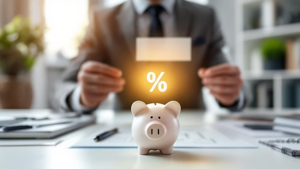 A businessperson sitting at a desk with a piggy bank and a percentage sign, symbolizing superannuation or retirement contributions.