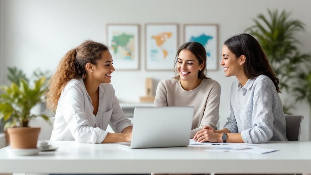 Three women sitting together at a desk, smiling and discussing work while looking at a laptop