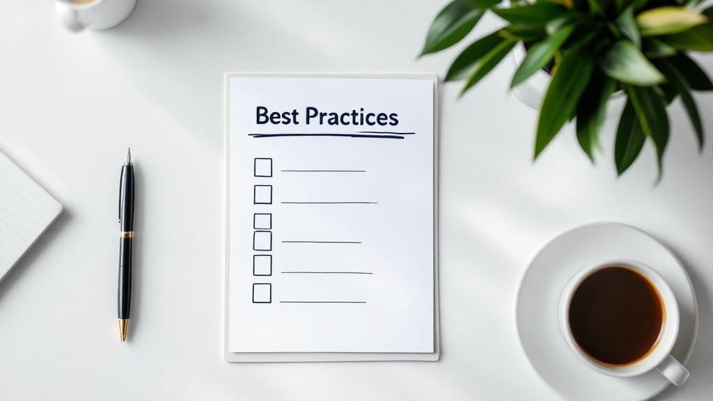 A checklist titled 'Best Practices' on a desk with a pen, coffee cup, and plant, representing organised planning and compliance.