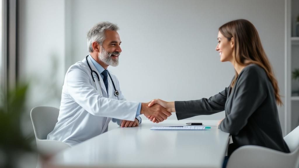 Smiling doctor shaking hands with a businesswoman across a desk
