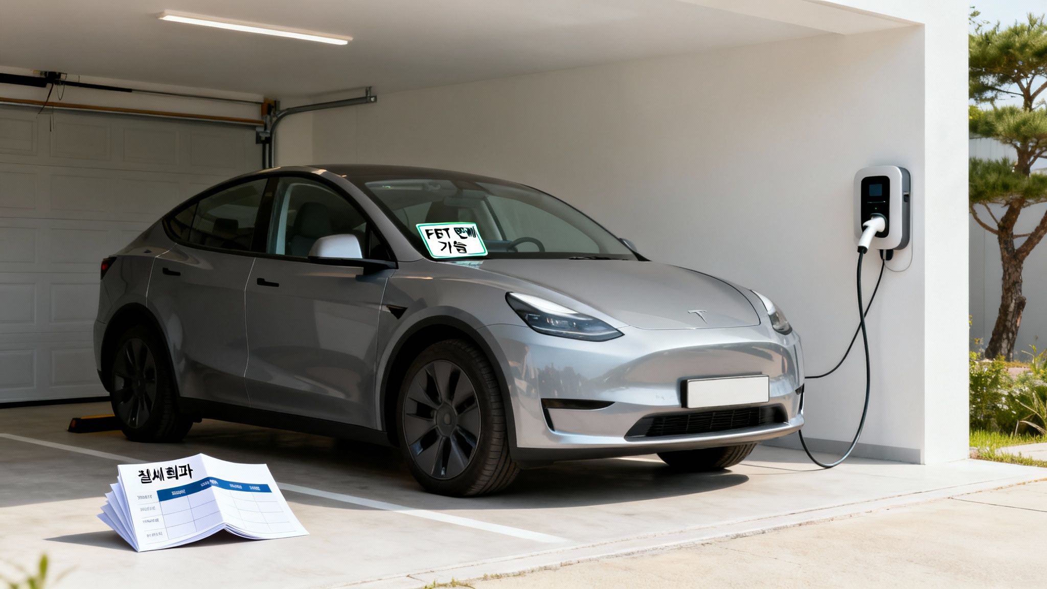 차고에서 충전 중인 은색 테슬라 모델 Y와 바닥에 놓인 한글 문서