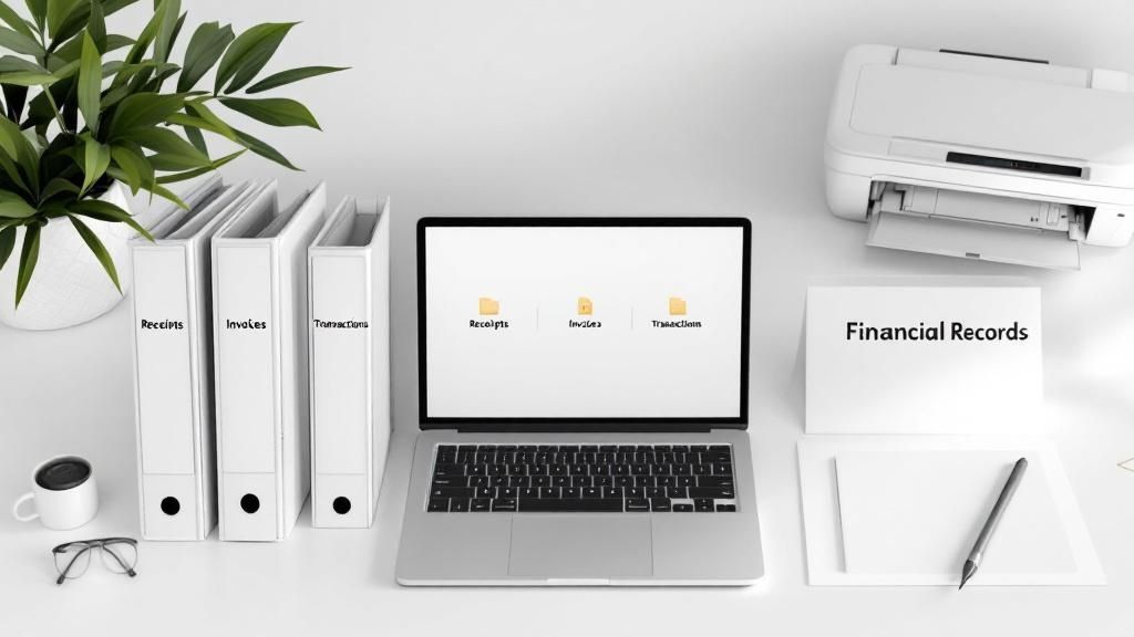 Organized financial records with binders, a laptop, and a printer on a desk