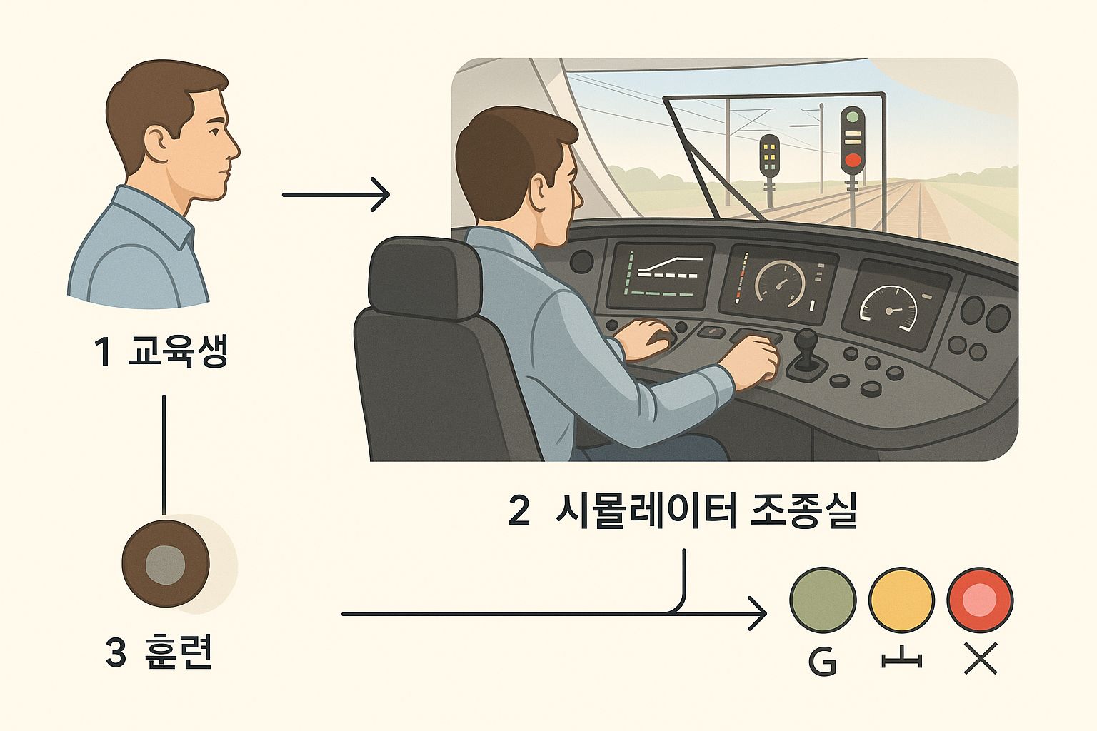 Illustration showing the step-by-step training process of a train driver, including classroom instruction, simulator control, and field training.