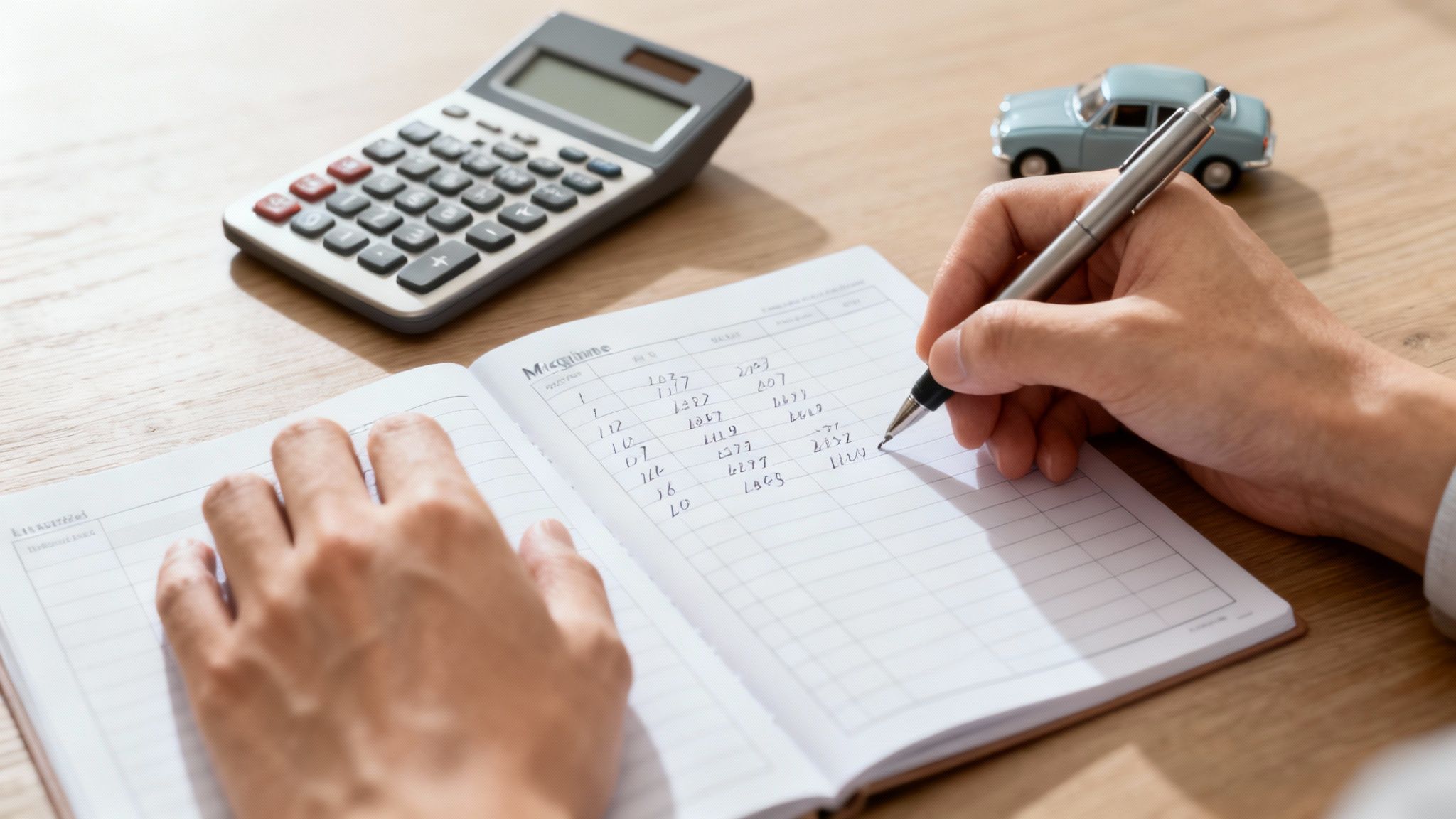 나무 책상 위에서 펜으로 공책에 숫자를 적는 사람의 손과 계산기, 장난감 자동차.