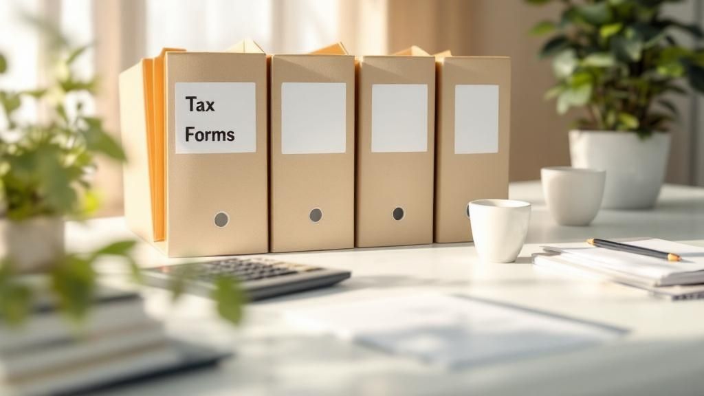 A set of neatly arranged tax document binders labeled 'Tax Forms' on a clean office desk, surrounded by coffee cups, plants, and paperwork, symbolizing tax preparation and organization.