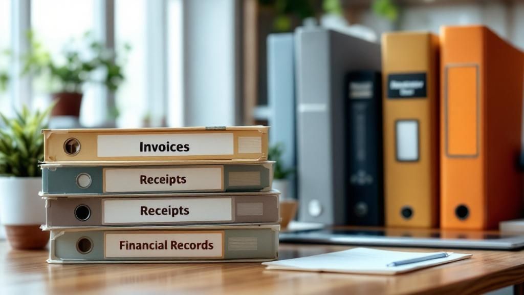Stack of labeled binders for invoices, receipts, and financial records on a wooden desk