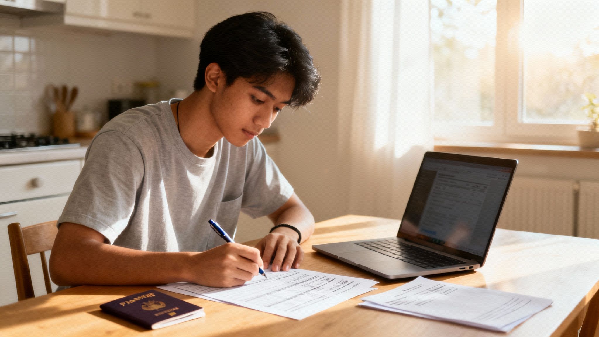 햇살이 비치는 집에서 노트북과 여권과 함께 서류를 작성하며 해외 유학 또는 비자 신청을 준비하는 젊은 남자의 모습입니다.