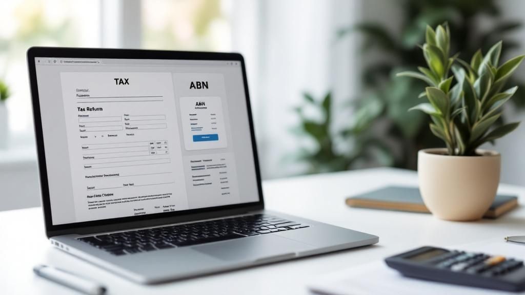 Laptop displaying Australian tax return and ABN registration forms side by side, illustrating online business tax compliance.